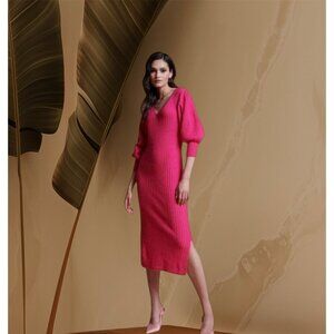 Rachel Parcell Pink Rouge ribbed knit sweater dress sz XS Vneck bubble sleeve